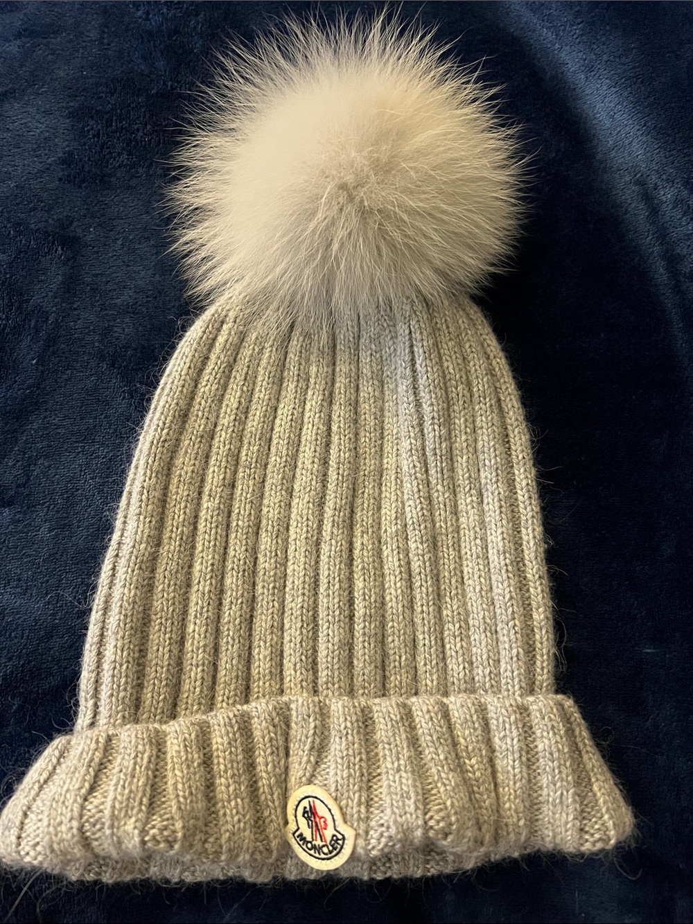 Moncler Gray Ribbed Wool Beanie with Logo Patch